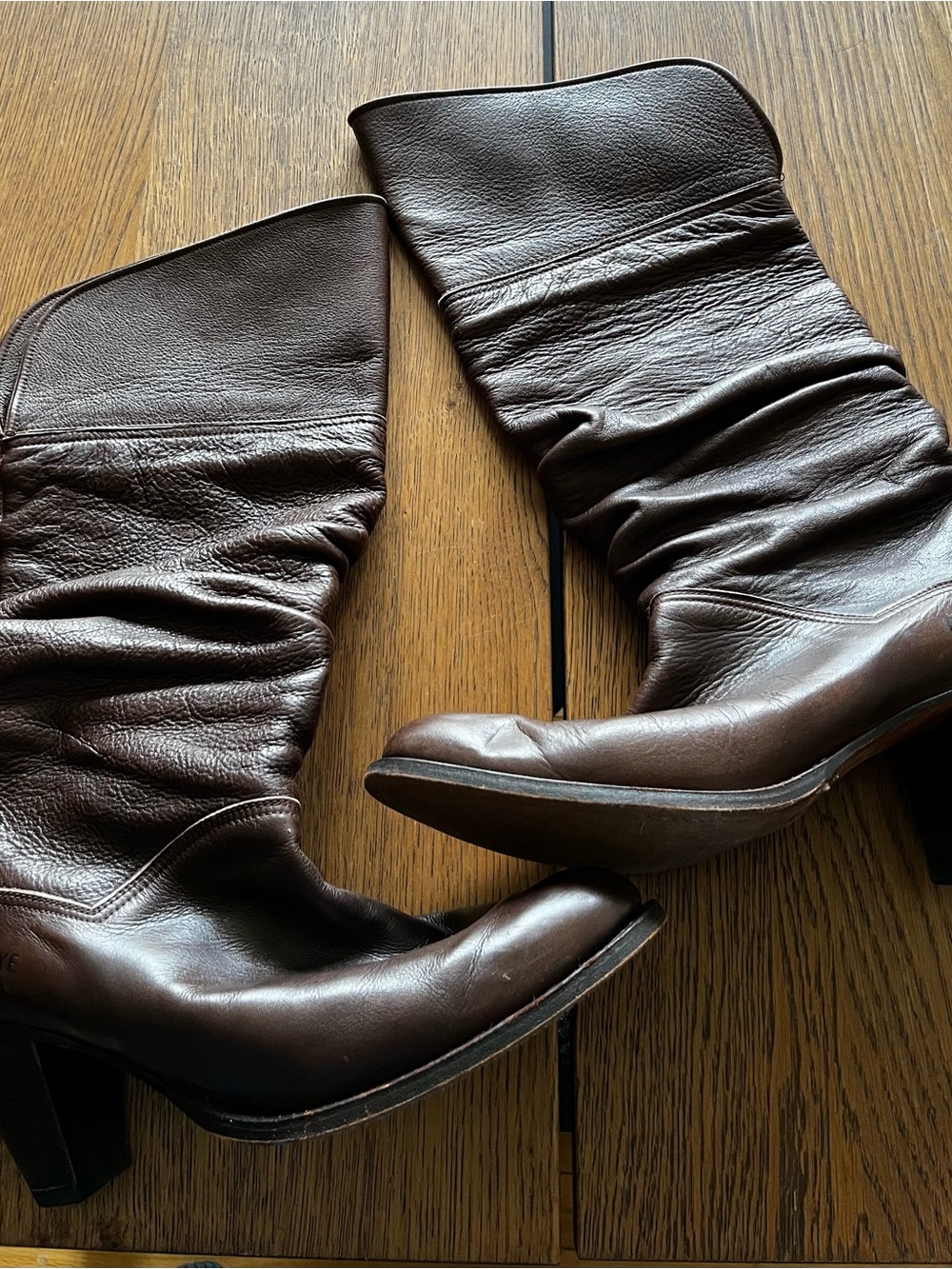 Vintage Frye Chocolate Dark Brown Leather Mid-Calf Slouch Heeled Boots